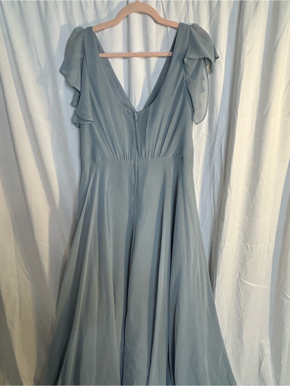 Romantic Dusty Blue V-Neck Flutter Sleeve Bridesmaid Dress